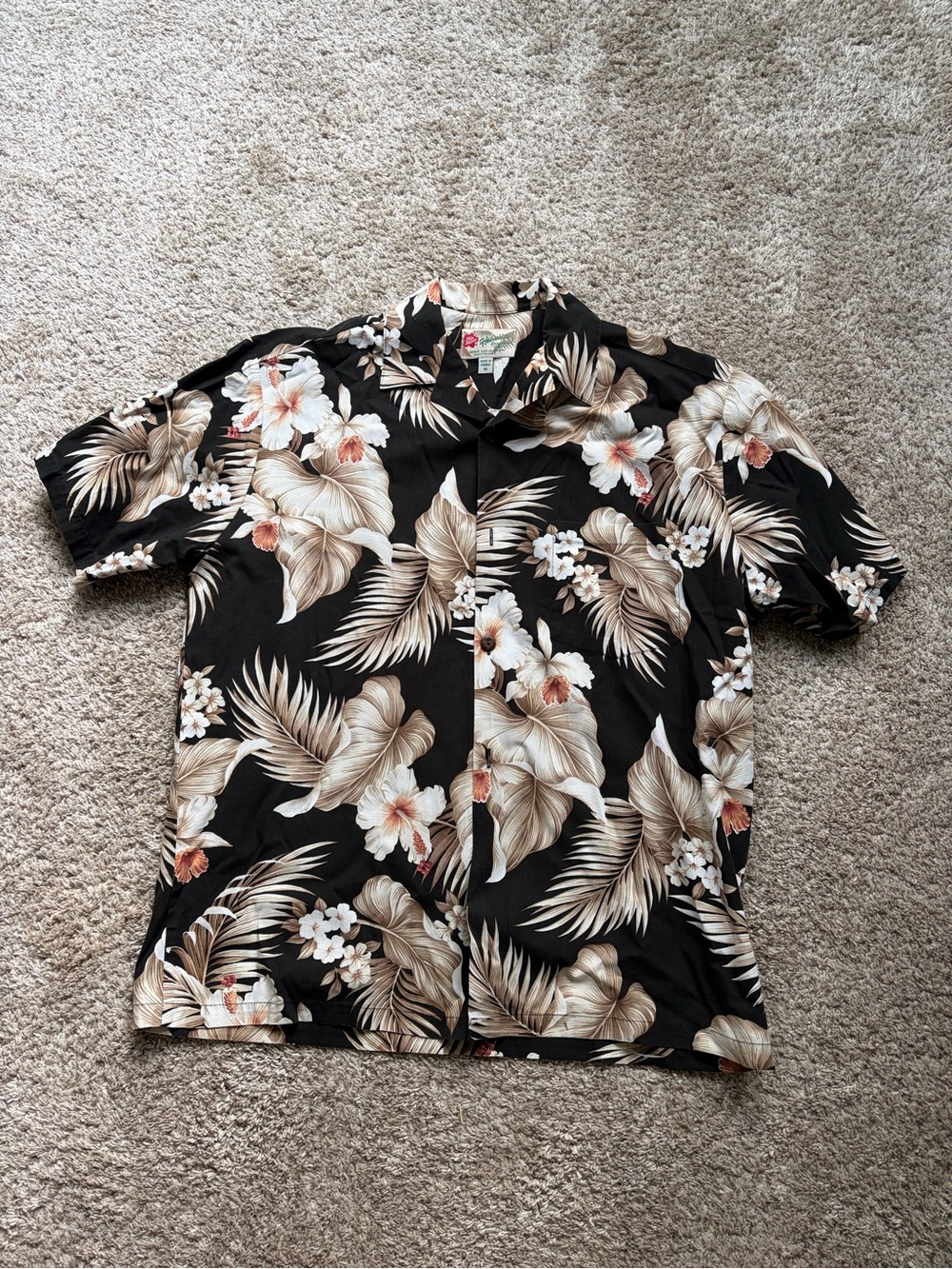 Hilo Hattie Black Hawaiian Shirt with Beige Floral Print